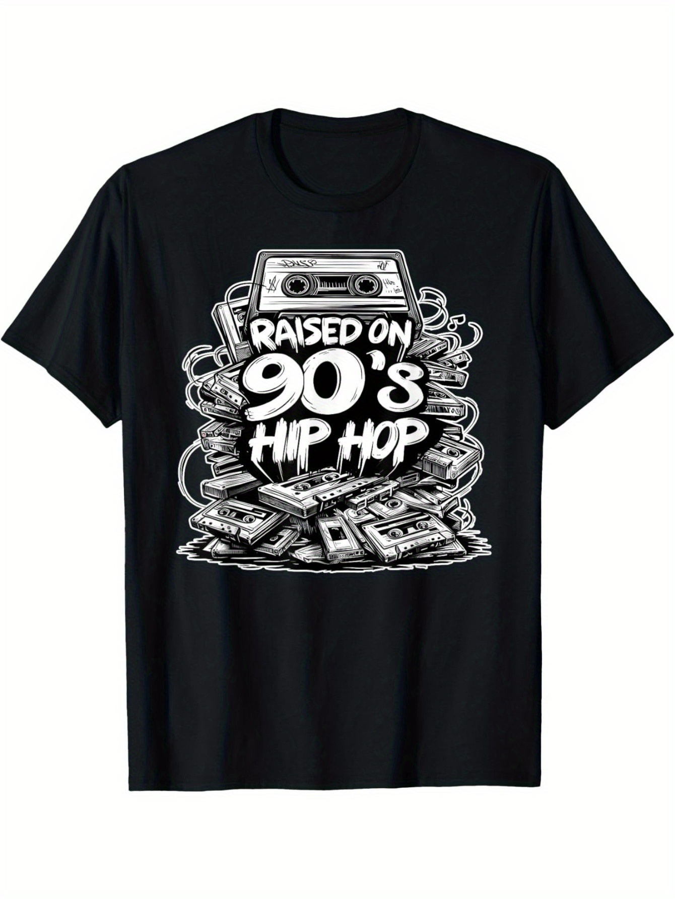 Men's Graphic T-Shirt Raised On Nineties Hip Hop Surrounded By Cassette Tapes And Bold Lettering Cassette Tape