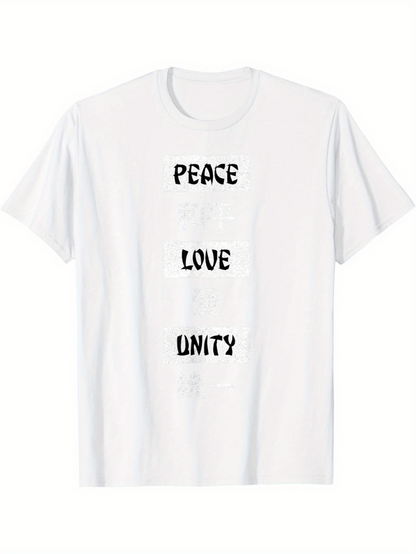 Men's Graphic T-Shirt Peace Love Unity Artistic Bold Letters With Minimalist Design White Shirt