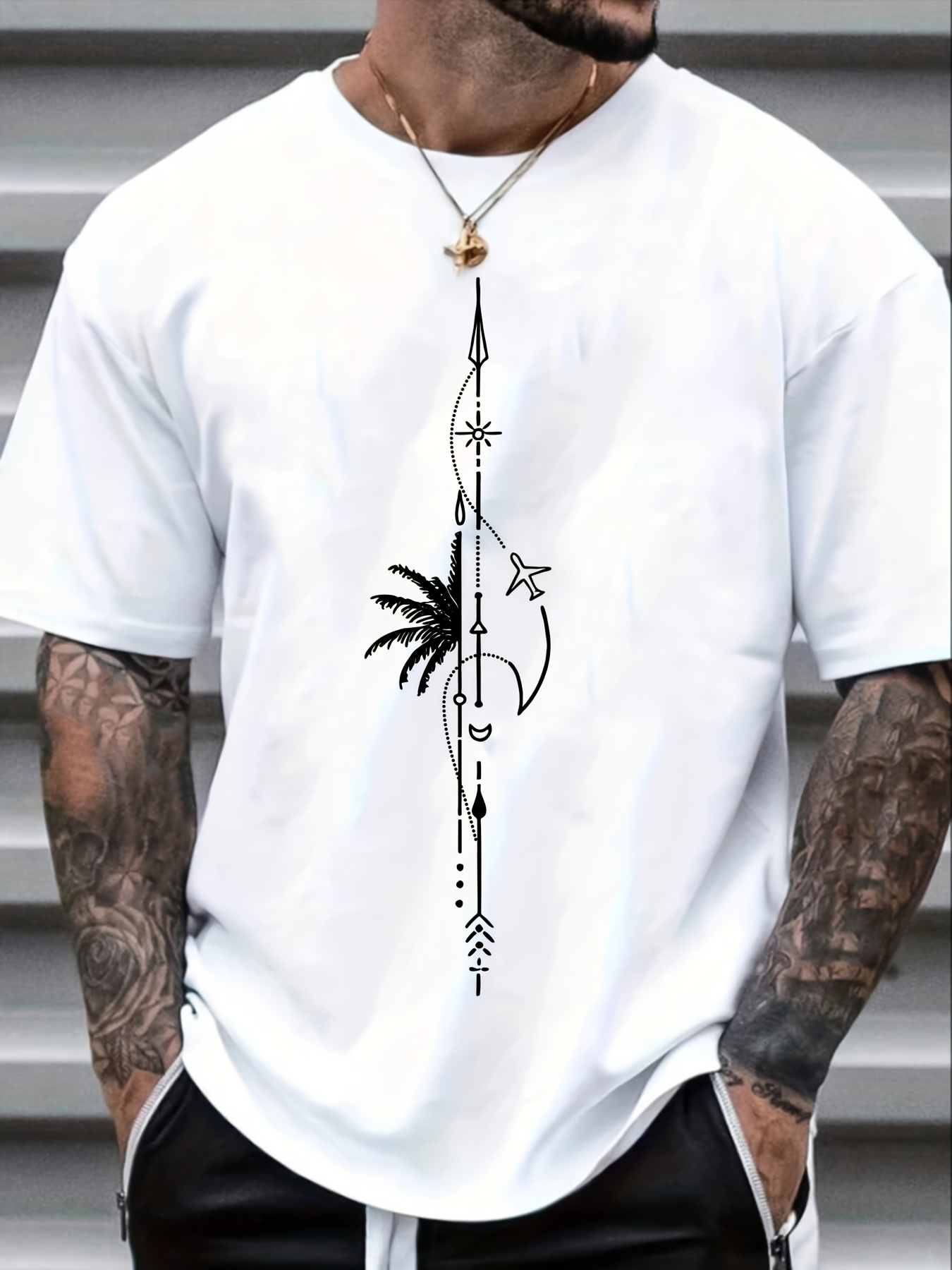Men's Graphic T-Shirt Minimal Geometric Lines With Palm Tree And Flying Bird