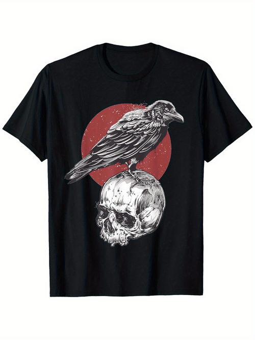 Men's Graphic T-Shirt Vintage Blood Red Sun With Raven And Bleached Human Skull