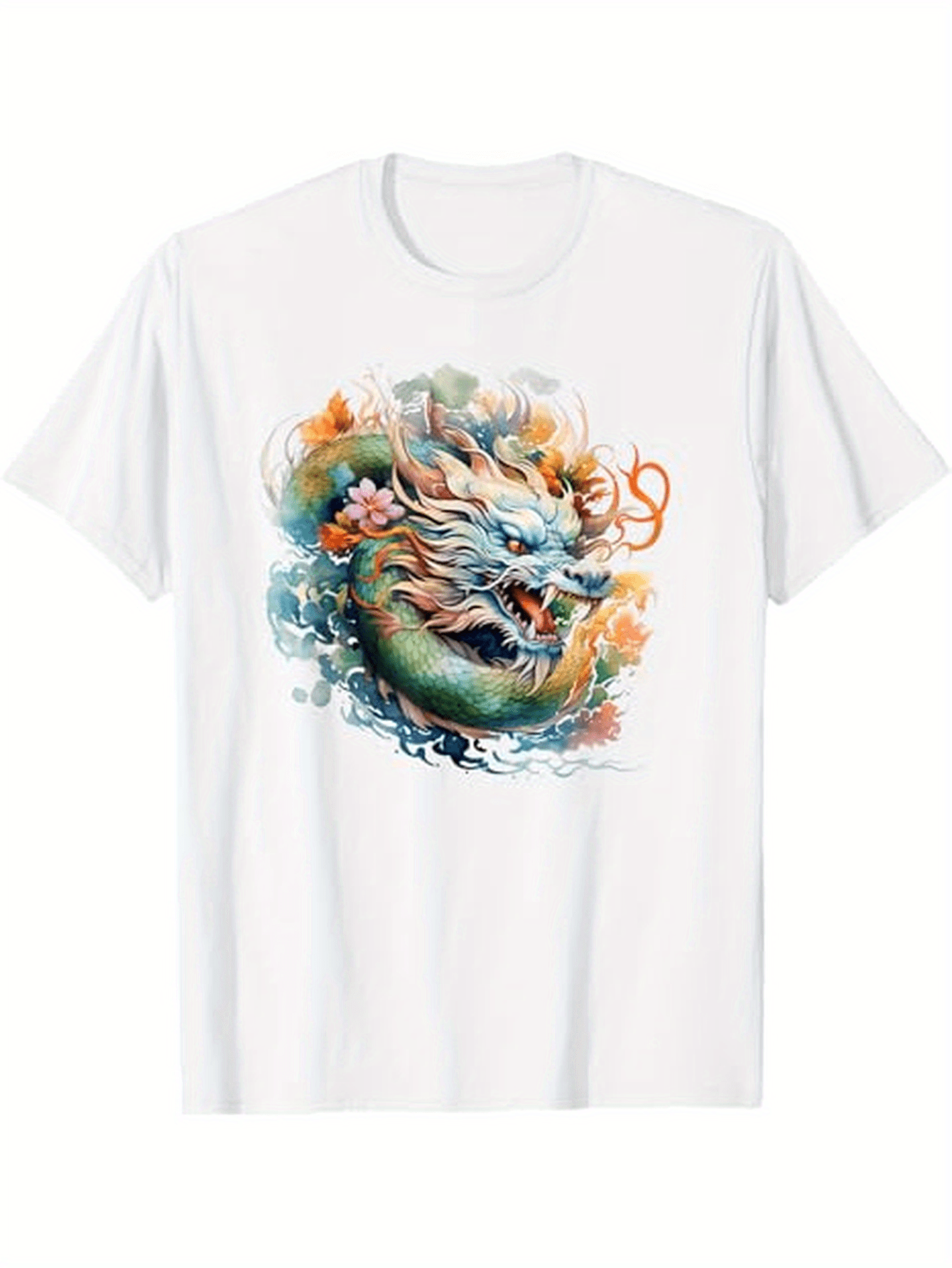 Men's Graphic T-Shirt Colorful Flowing Water And Fiery Clouds Surrounding Powerful Dragon