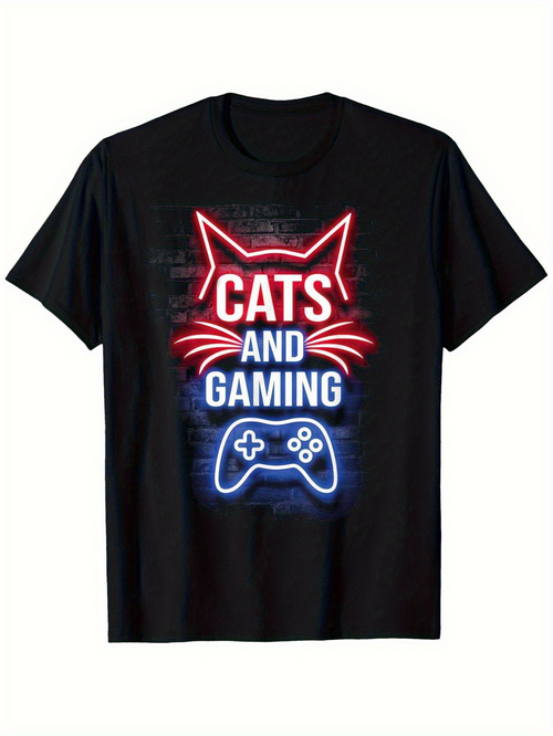 Men's Graphic T-Shirt Cats And Gaming Neon Lights With Cat Outline And Glowing Game Controller