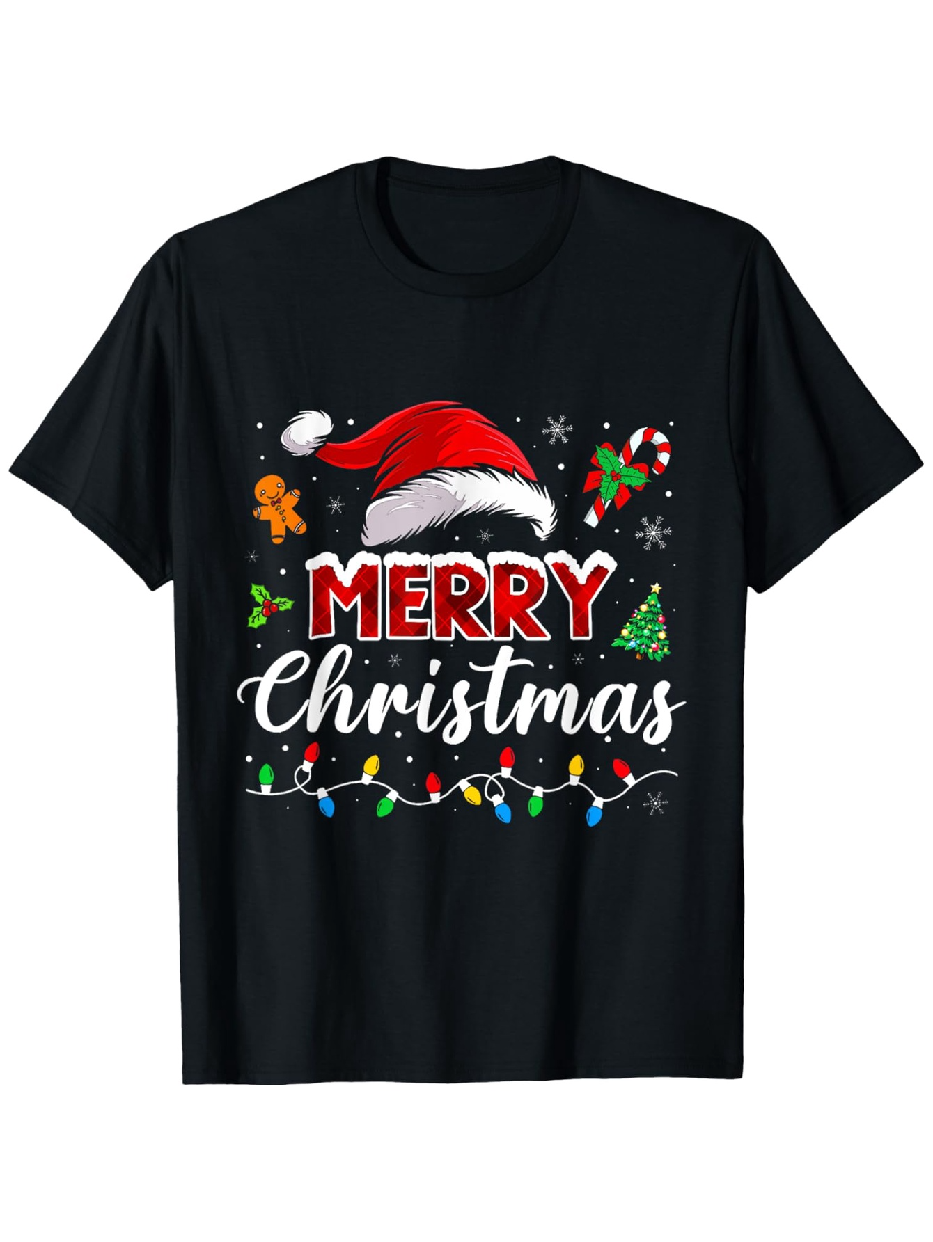 Men's Graphic T-Shirt Merry Christmas Festive Lights Garland Under Santa Hat