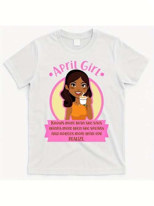 Women's Graphic T-Shirt April Girl With Smiling Girl Surrounded By Pink Badge Cartoon