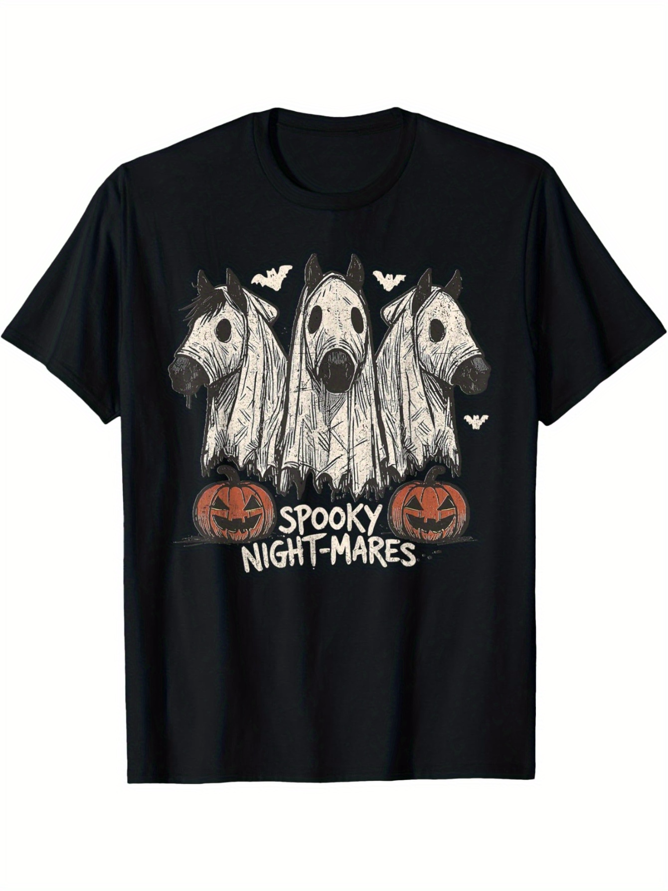 Men's Graphic T-Shirt Spooky Nightmares Ghostly Horses With Pumpkins Bats And Shadows Under Night Sky