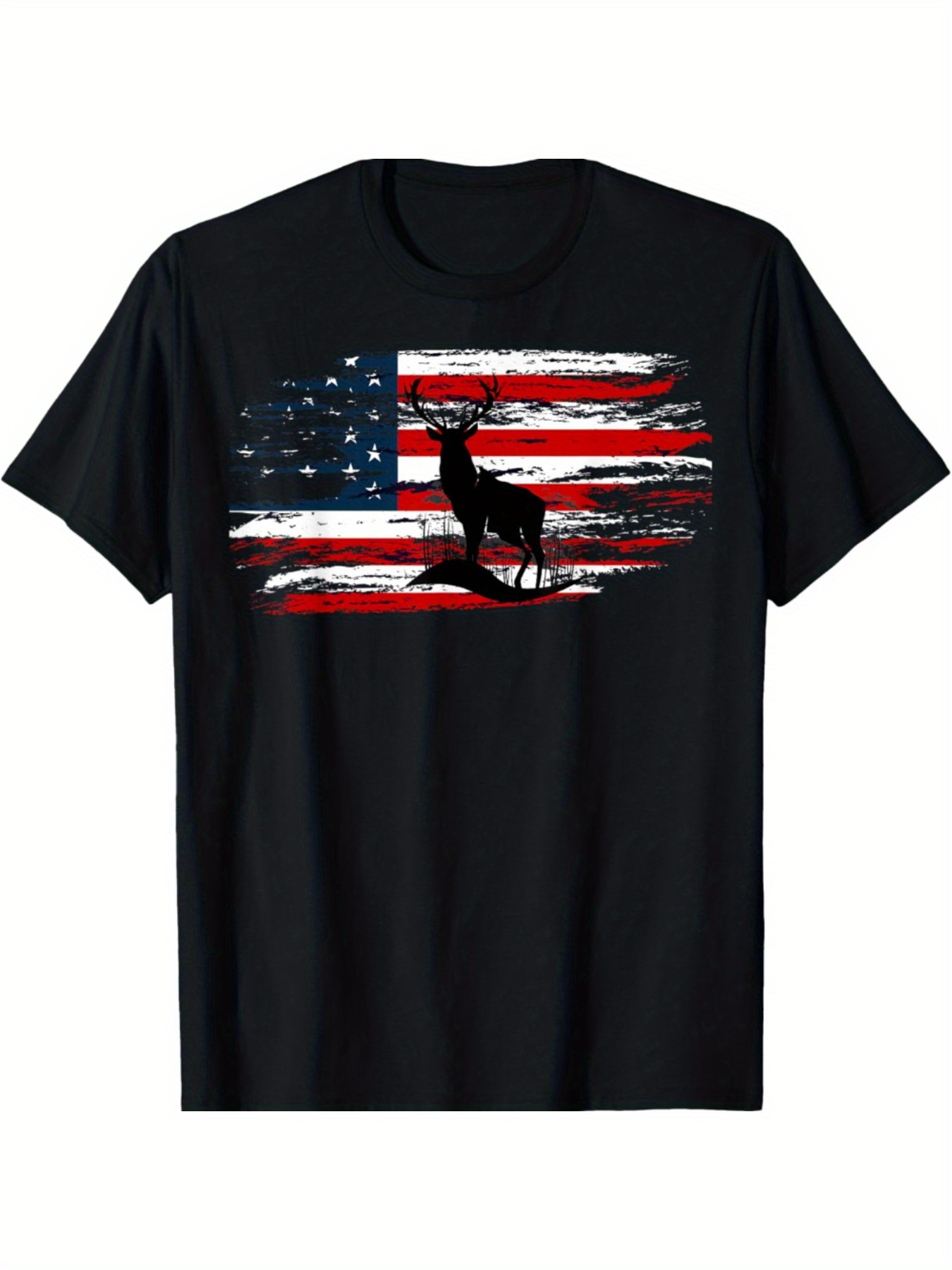 Men's Graphic T-Shirt Silhouetted Deer Standing In Front Of The American Flag Design