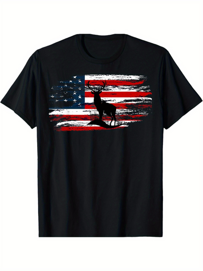 Men's Graphic T-Shirt Silhouetted Deer Standing In Front Of The American Flag Design