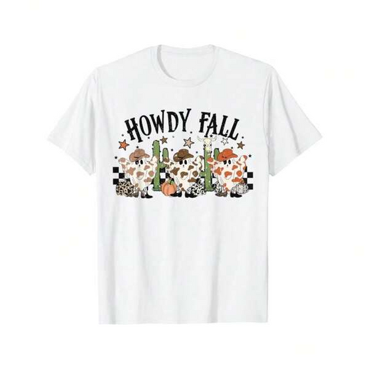 Women's Graphic T-Shirt Howdy Fall Vintage Western Style With Pumpkins Mushrooms And Stars Cow Skull