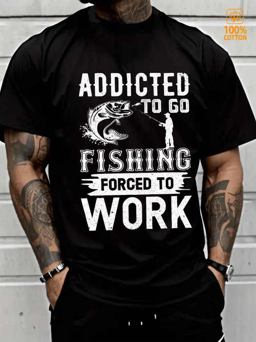 Men's Graphic T-Shirt Addicted To Go Fishing Forced To Work Vintage Illustration Of Leaping Fish