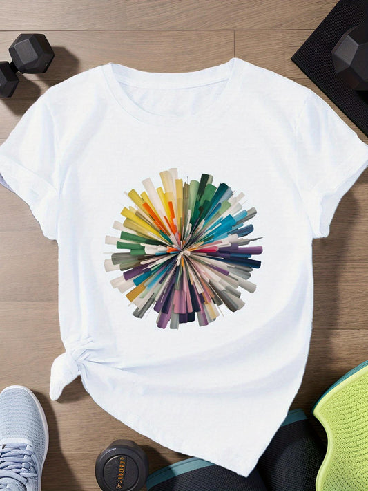 Women's Graphic T-Shirt Radiant Burst Of Watercolor Strokes With Vivid Color Spokes Wheel