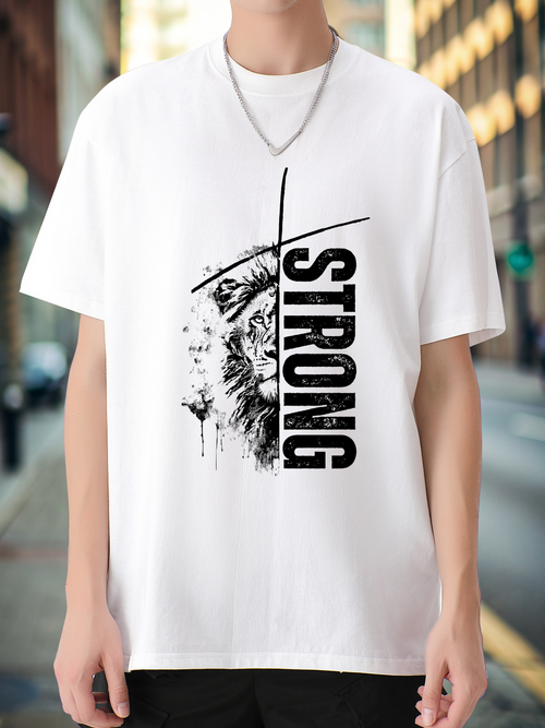 Men's Graphic T-Shirt Strong Dramatic Monochrome Ink Drawing With Roaring Lion Face