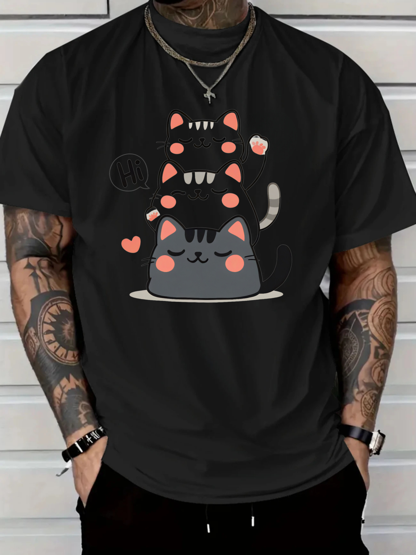 Men's Graphic T-Shirt Playful Cartoon Cats With Blushing Cheeks On Cozy Plate Cat