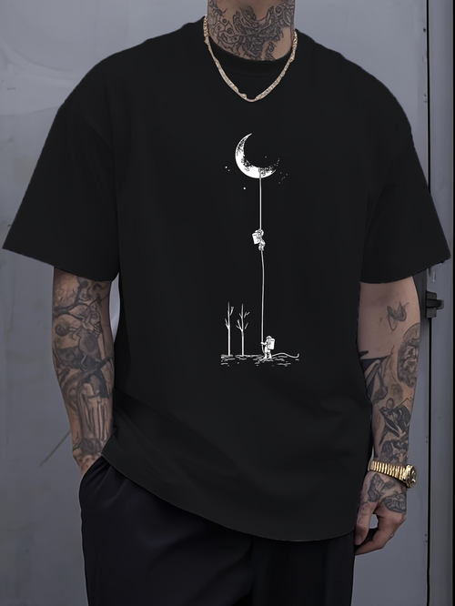 Men's Graphic T-Shirt Cat And Moon Among Trees Under Night Sky
