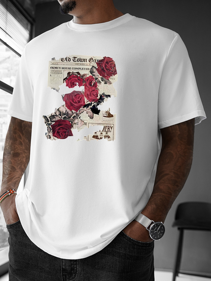 Men's Graphic T-Shirt Vintage Newspaper With Red Roses Printed On White Cotton T Shirt