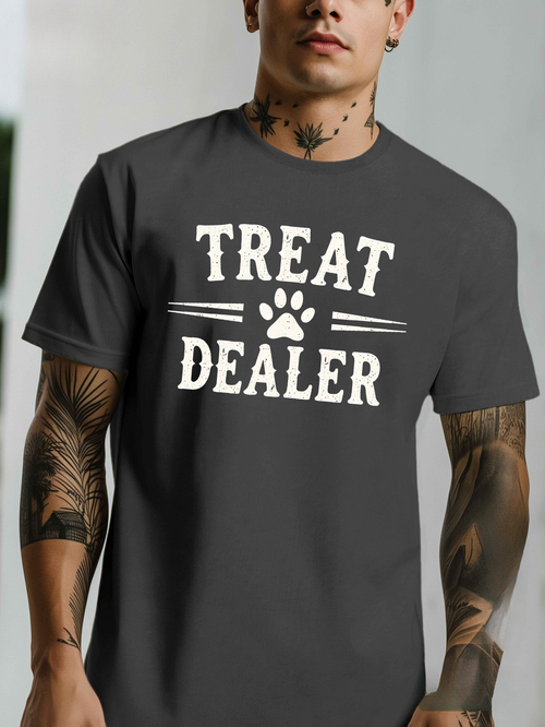 Men's Graphic T-Shirt Treat Dealer With Bold White Letters And Paw Print Motif Shirt
