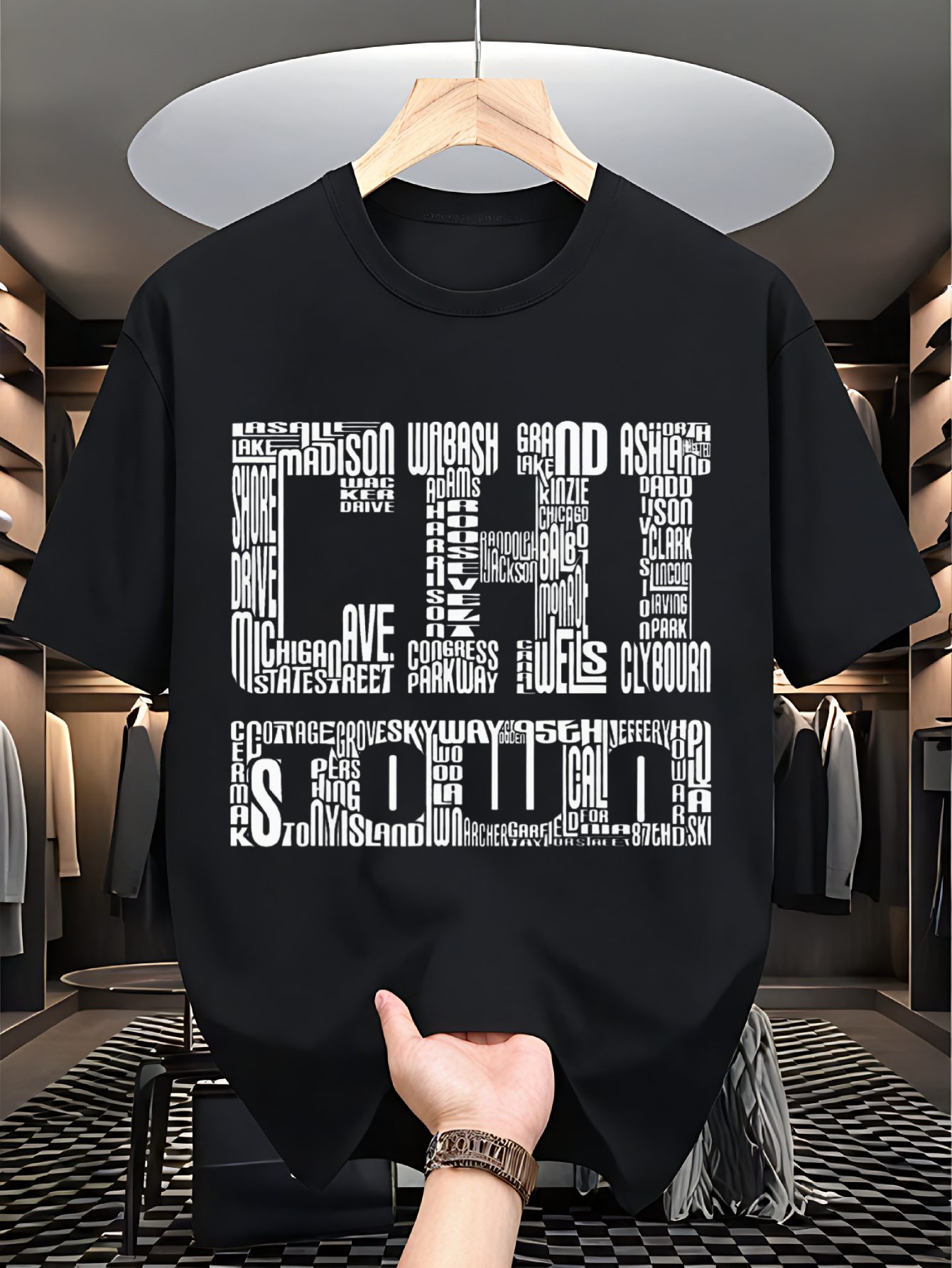 Men's Graphic T-Shirt Abstract Typography Squares With Scattered Letters Over Solid Black Shirt