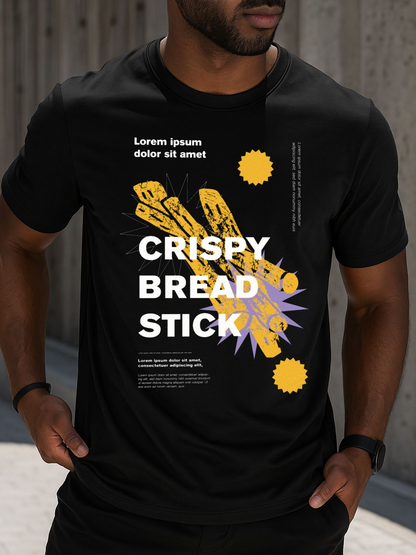 Men's Graphic T-Shirt Crispy Bread Stick With Abstract Yellow Sun Shapes And Textured Baked Snack
