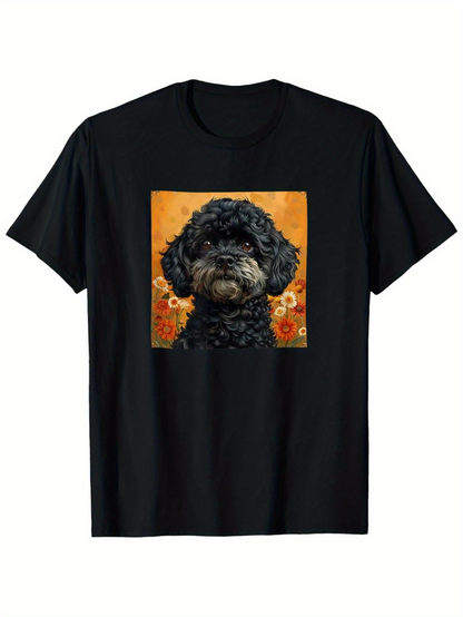 Men's Graphic T-Shirt Vivid Flowers On Orange Background Framing A Shaggy Little Dog