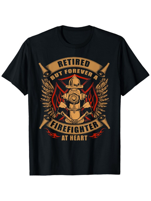 Men's Graphic T-Shirt Retired But Forever A Firefighter At Heart Emblem With Tools Flames Wings Hydrant