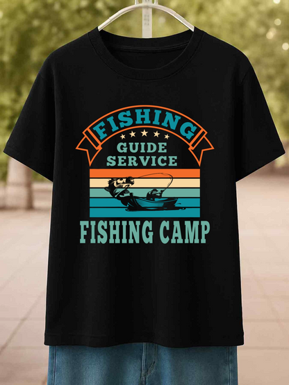 Men's Graphic T-Shirt Fishing Guide Service Summer Sunset Lake With Angler And Striped Horizon Fishing Camp