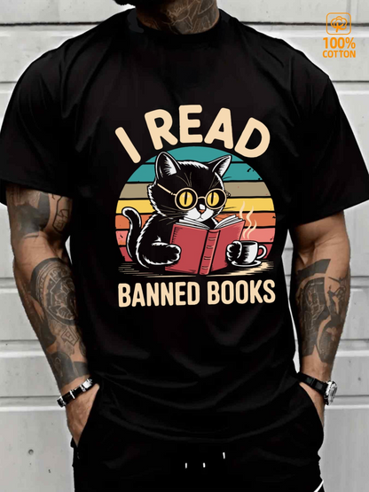 Men's Graphic T-Shirt I Read Banned Books Retro Sun With Black Cat Reading Book