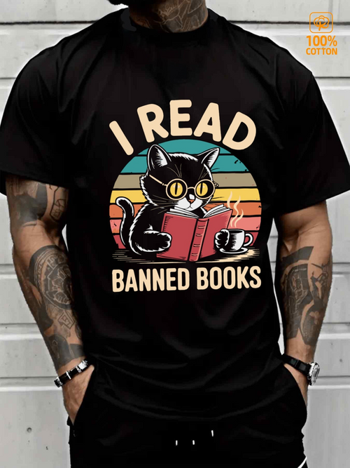 Men's Graphic T-Shirt I Read Banned Books Retro Sun With Black Cat Reading Book