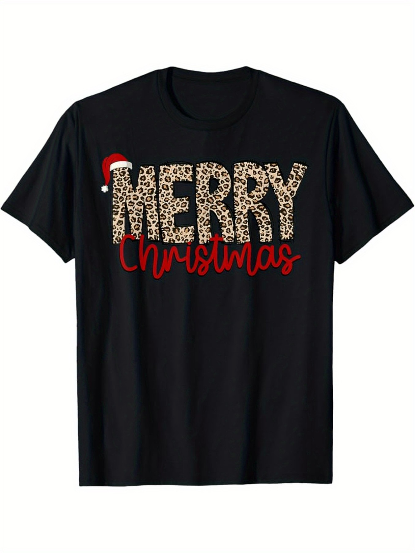 Men's Graphic T-Shirt Merry Christmas Leopard Print Pattern With Red Holiday Santa Hat