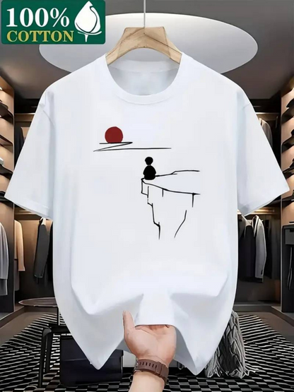 Men's Graphic T-Shirt Minimalist Cliffside Figure Watching The Setting Red Sun