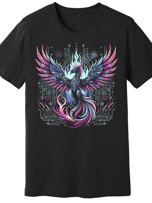 Men's Graphic T-Shirt Electric Neon Glow Circuitry With Rising Fiery Phoenix