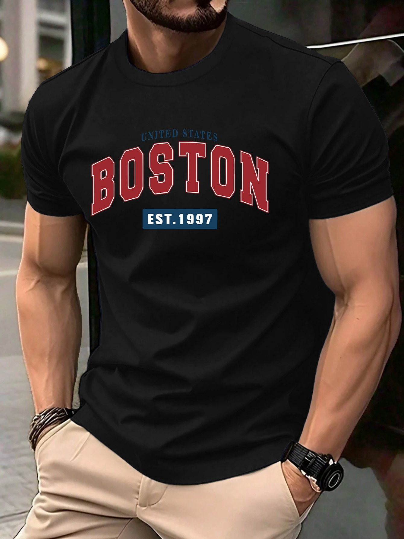 Men's Graphic T-Shirt Boston Red Letters With Blue Highlighted Year City Name