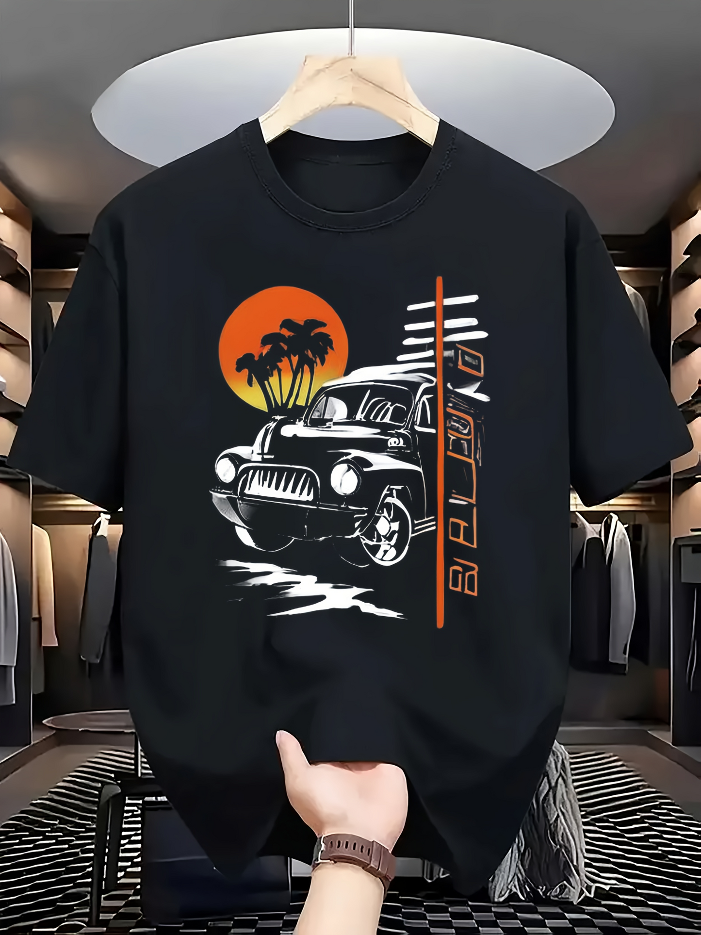 Men's Graphic T-Shirt Sunset Glow With Reflections Palms And Classic Convertible Car