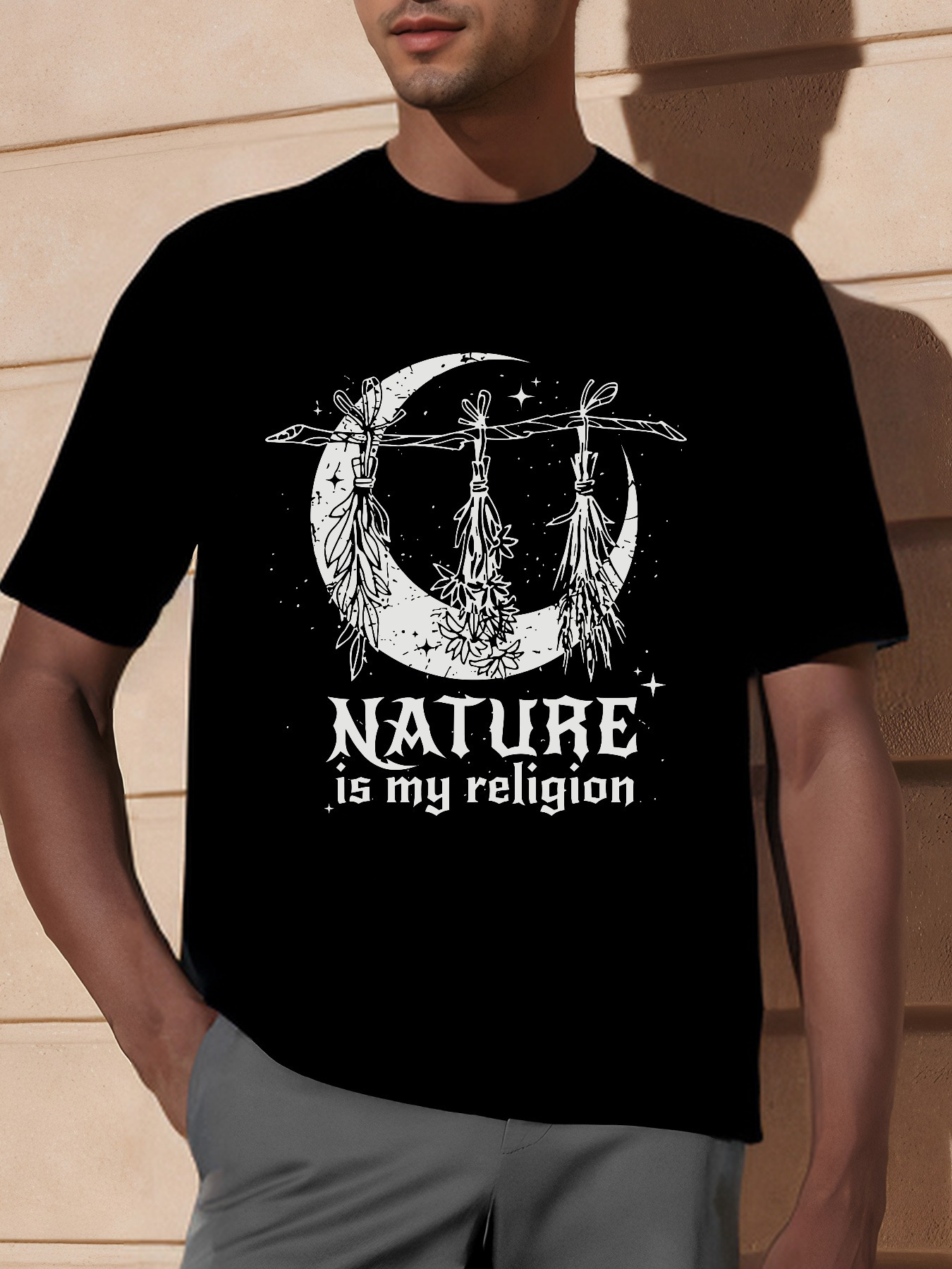 Men's Graphic T-Shirt Nature Is My Religion Hanging Feathers Under Crescent Moon Dreamcatcher