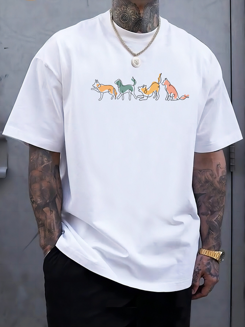 Men's Graphic T-Shirt Happy Colorful Foxes Walking On Soft Green Grass Fox