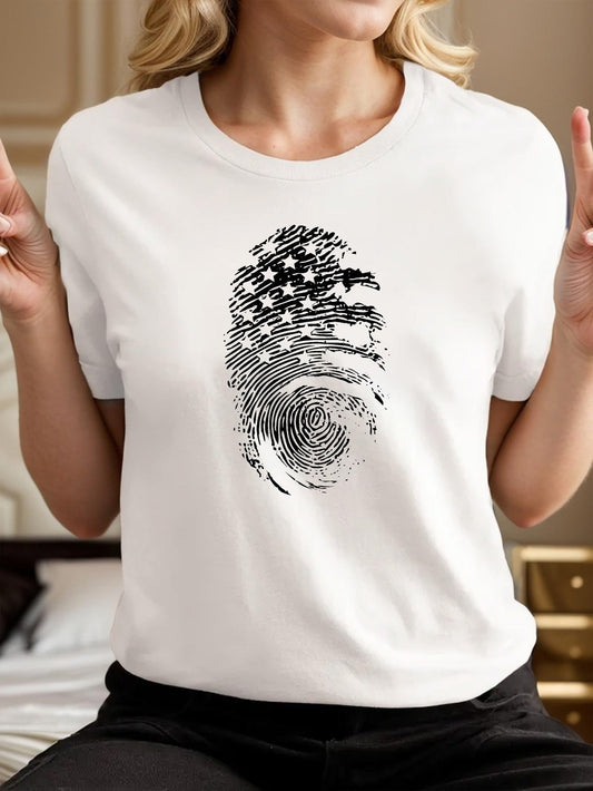 Women's Graphic T-Shirt American Flag Pattern Integrated In Fingerprint Design
