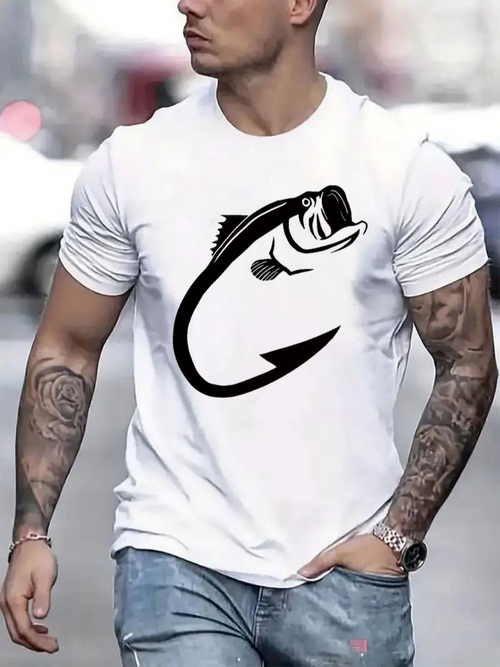 Men's Graphic T-Shirt Dynamic Graphic Silhouette With Jumping Fish Over Black Hook Emblem