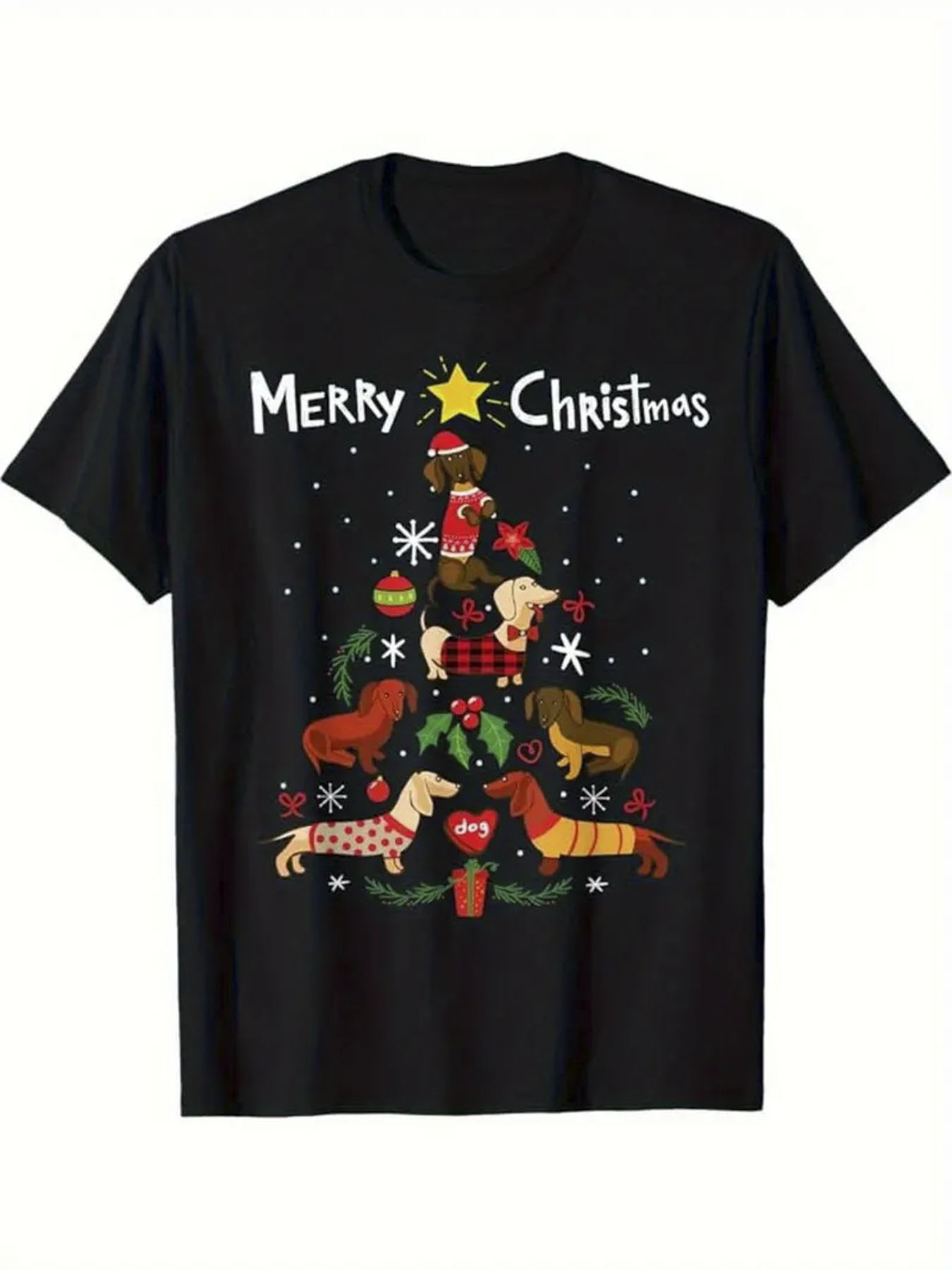 Men's Graphic T-Shirt Merry Christmas Playful Dachshunds Around Christmas Tree Under Stars