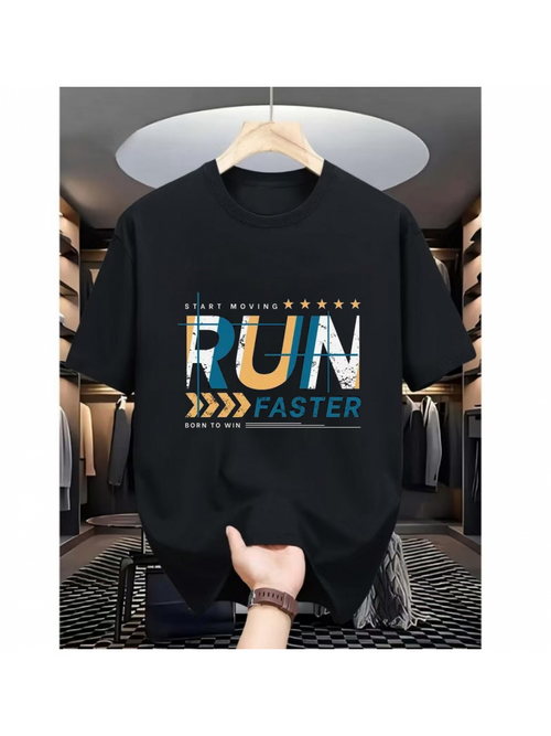 Men's Graphic T-Shirt Run Faster Multicolored Letters And Arrows On Soft Cotton T Shirt