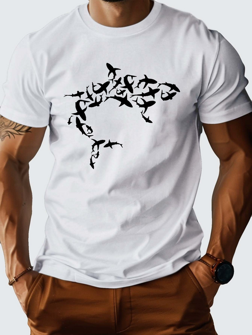Men's Graphic T-Shirt Artful Cluster Of Oceanic Sharks Swimming In Unison On A White Shirt