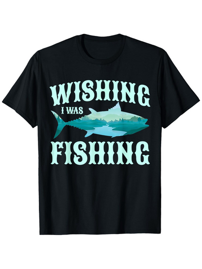 Men's Graphic T-Shirt Wishing I Was Fishing With Blue Watercolor Style Shark