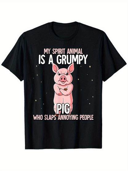 Men's Graphic T-Shirt My Spirit Animal Is A Grumpy Pig With Folded Arms Surrounded By Tiny Stars