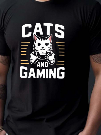Men's Graphic T-Shirt Cats And Gaming Playful Cartoon Cat With Game Controller