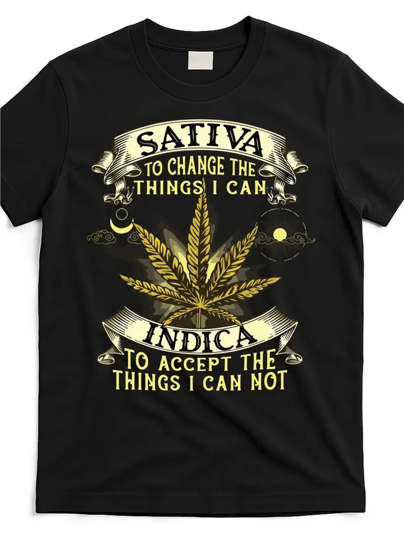 Men's Graphic T-Shirt Sativa Indica With Gold Marijuana Leaf Surrounded By Decorative Scrolls