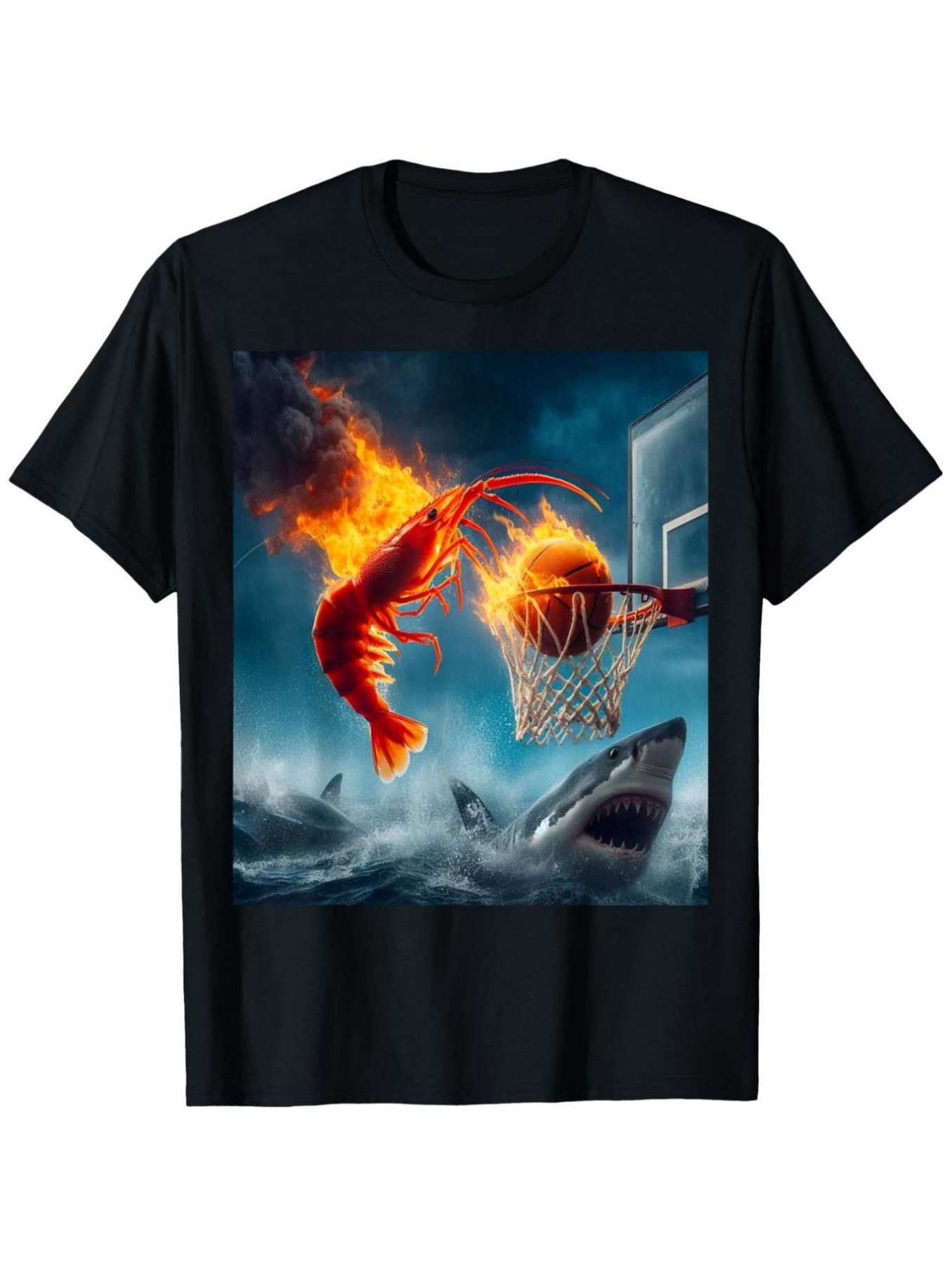 Men's Graphic T-Shirt Fiery Motion Over Water With Shark Basketball Hoop Lobster