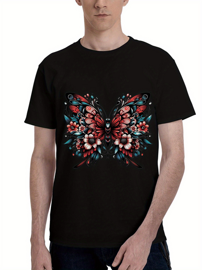 Men's Graphic T-Shirt Vibrant Blossoms And Detailed Petals Surrounding A Majestic Butterfly