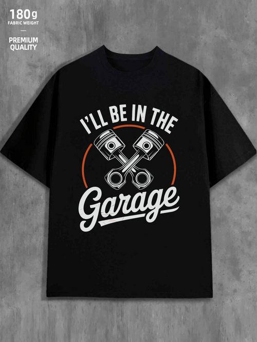 Men's Graphic T-Shirt Ill Be In The Garage With Metallic Pistons Under Curved Orange Line