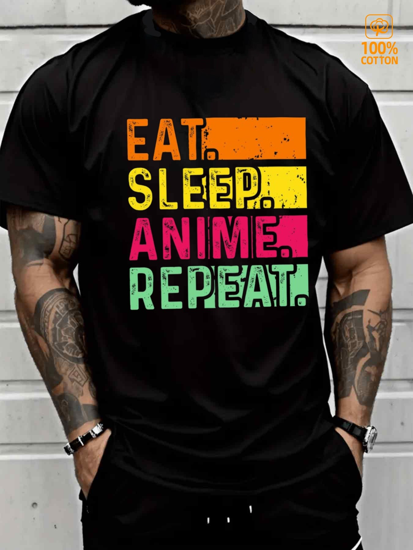Men's Graphic T-Shirt Eat Sleep Vibrant Colors With Anime Inspired Graphic Text Repeat