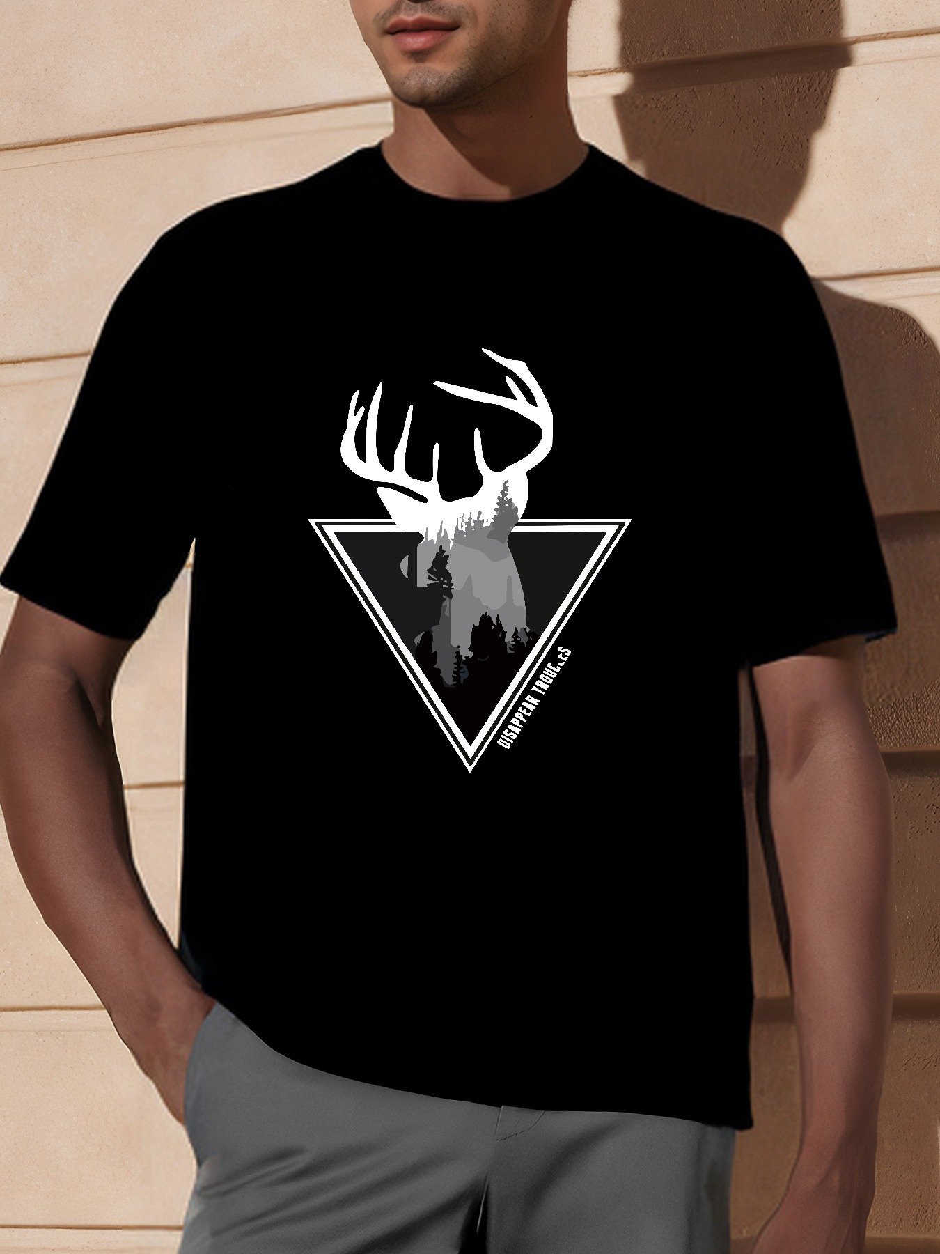 Men's Graphic T-Shirt Majestic Antlers Over Snowy Mountain Within A Sharp Black Triangle Deer