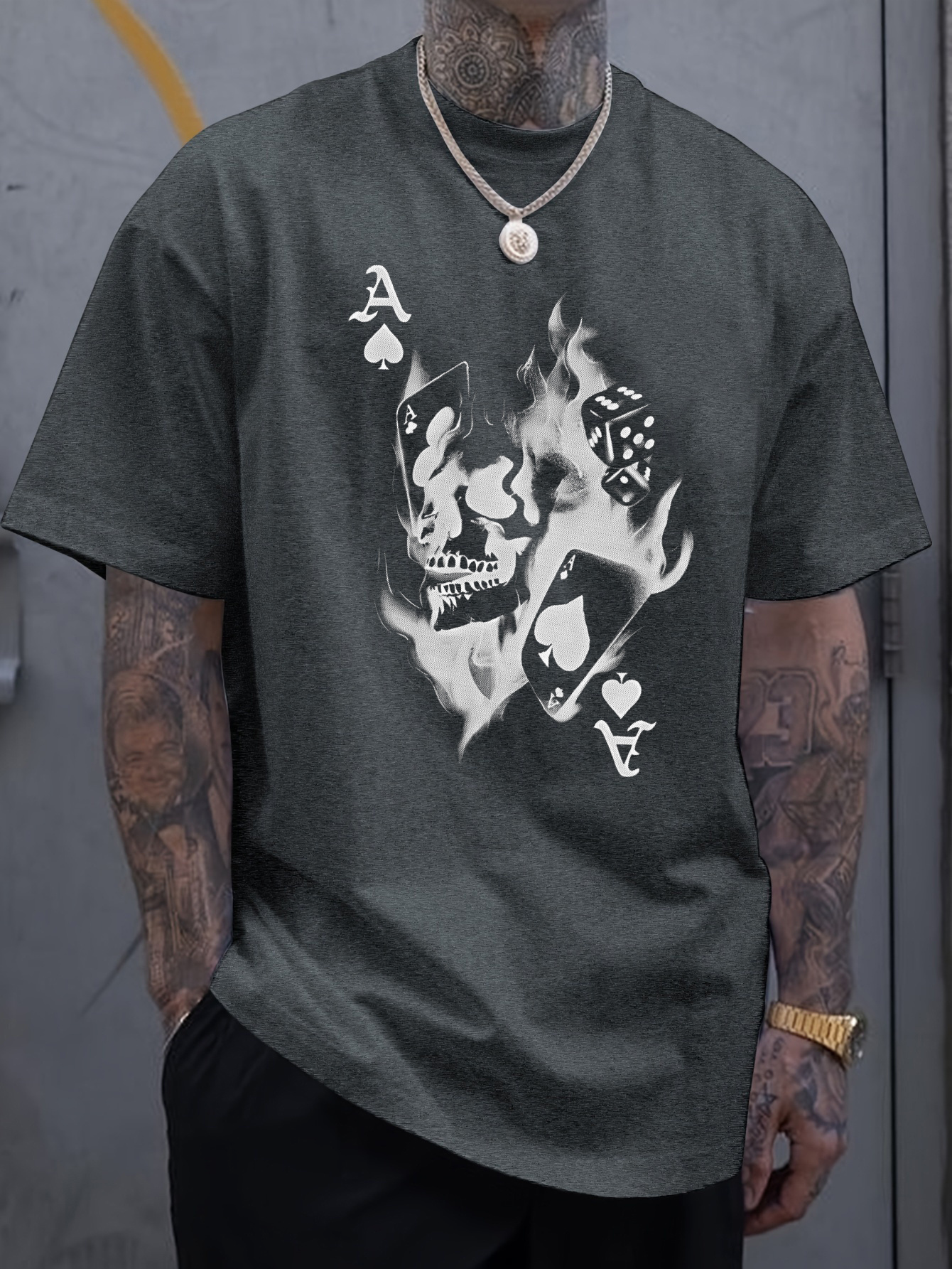 Men's Graphic T-Shirt Blazing Ace Of Spades With Flaming Poker Cards Shadows
