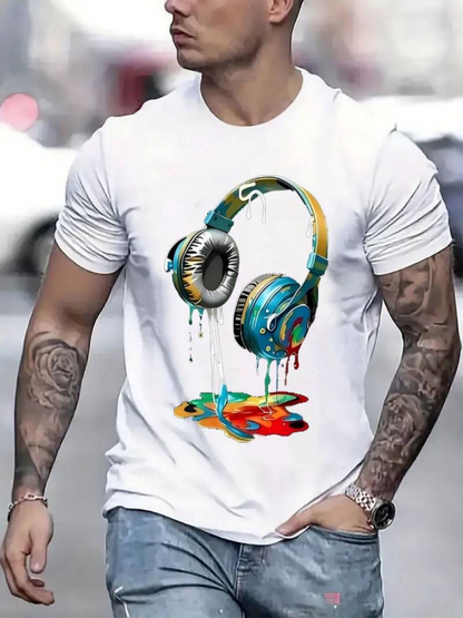 Men's Graphic T-Shirt Colorful Paint Splashes With Artistic Headphones Modern Headset