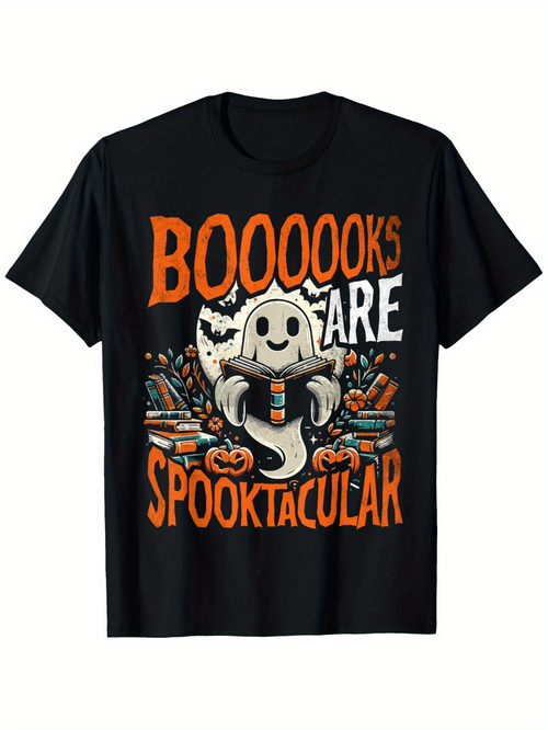 Men's Graphic T-Shirt Boooooks Are Spooktacular With Stacks Of Books Pumpkins Smiling Ghost